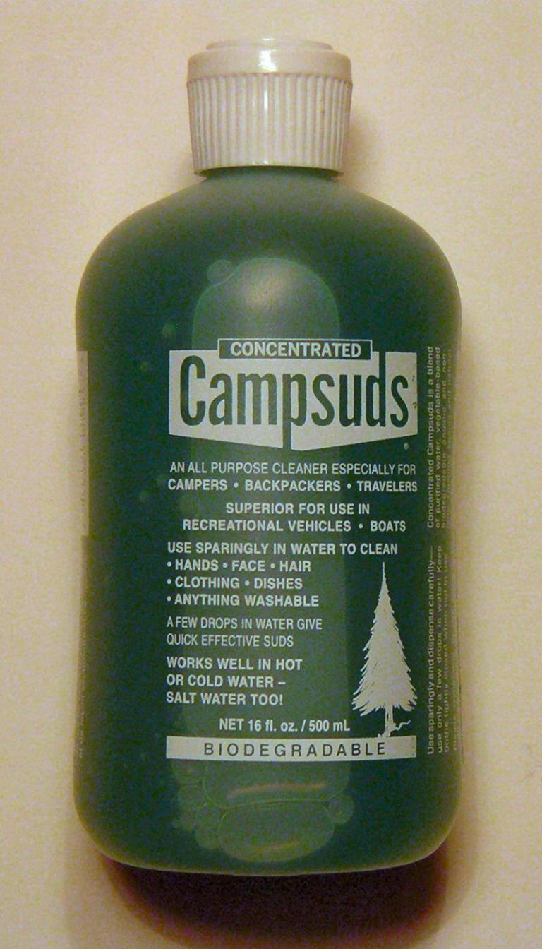 CampSuds soap can help with your laundry and dishes and act like shampoo and soap for the shower.