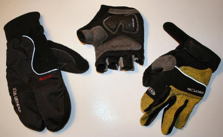 Three styles of gloves that I currently use depending on current weather conditions. In this case, all three are made by the same company but many different brands are available for purchase.