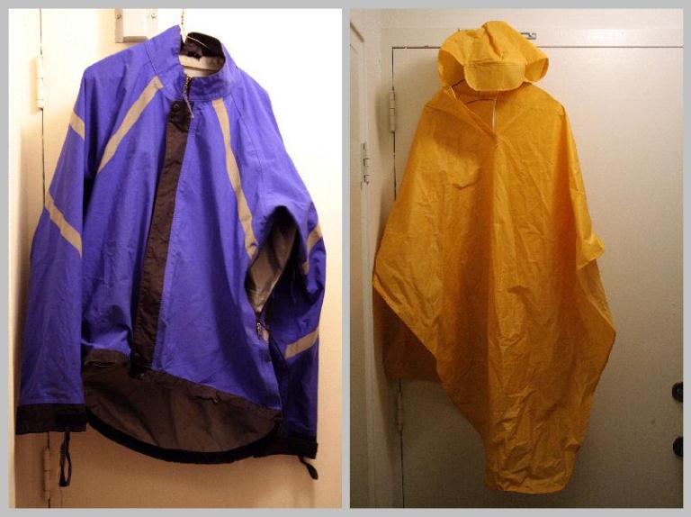 My MEC Rain jacket is on the left and a simple poncho on the right.